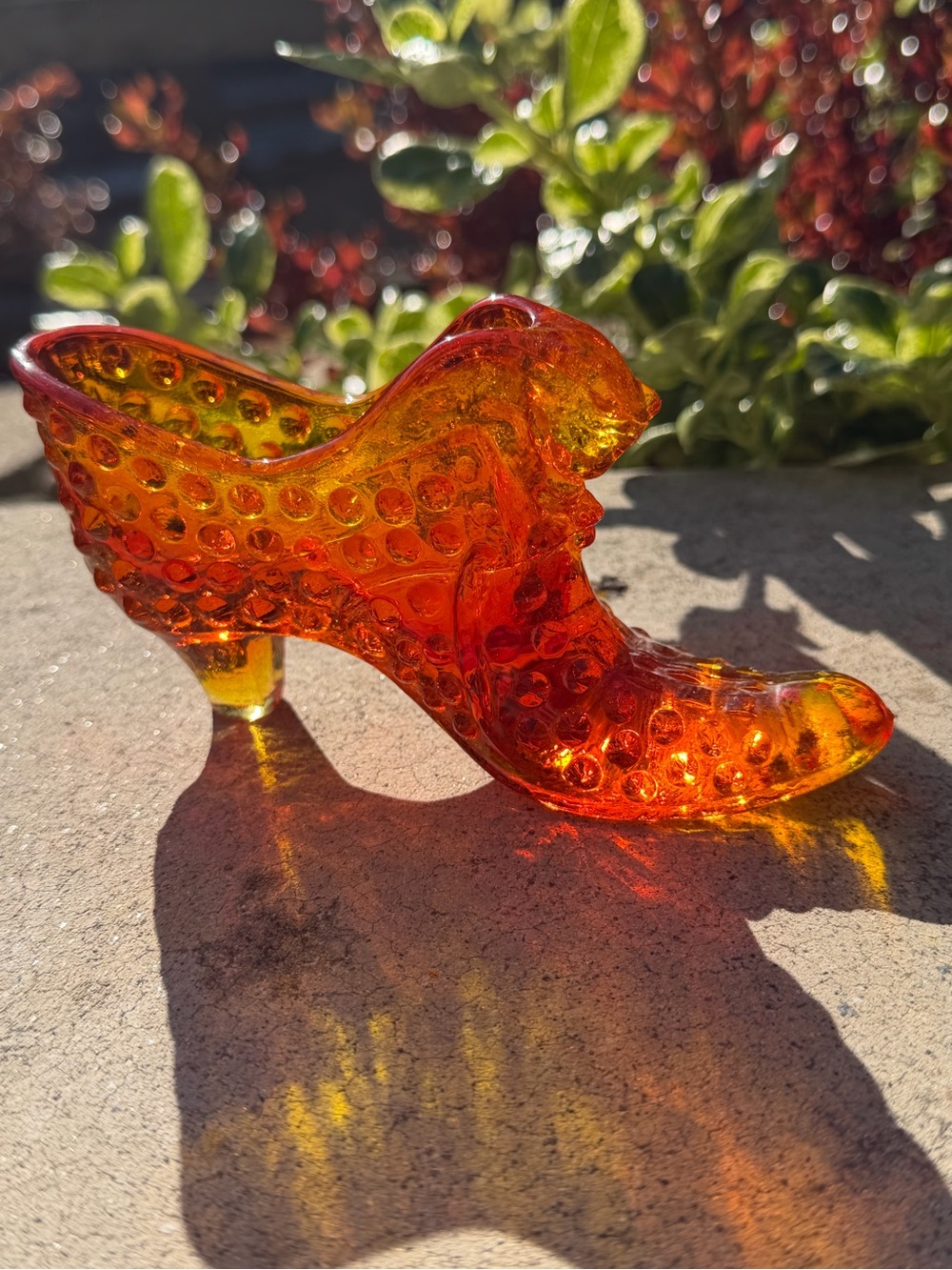 Rare, vintage Fenton Orange Hobnail “cat head” slipper